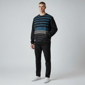 Nomis Sweatshirt Large Black Striped Crewneck Kangaroo Pocket Streetwear